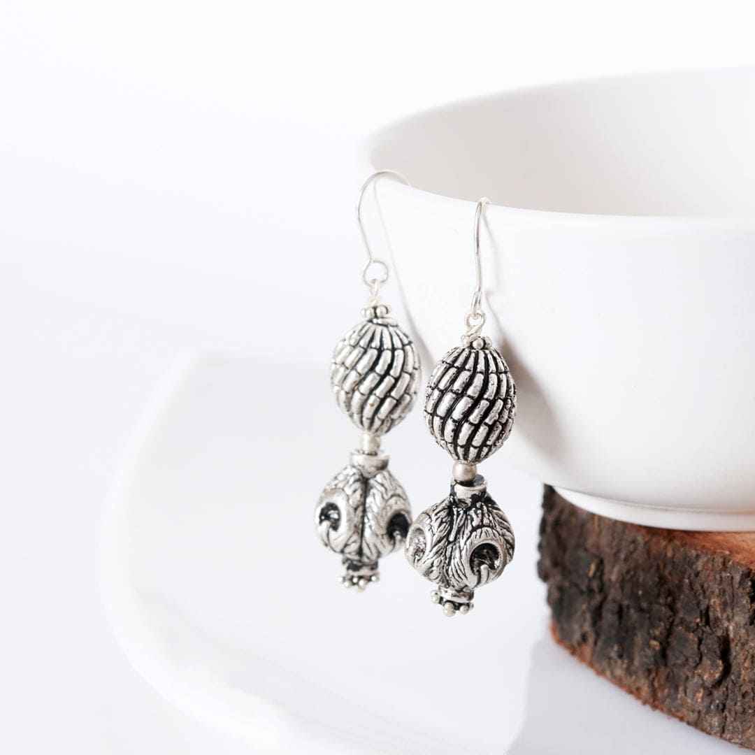 Double Carved Ball Earrings In Sterling Silver With Hooks